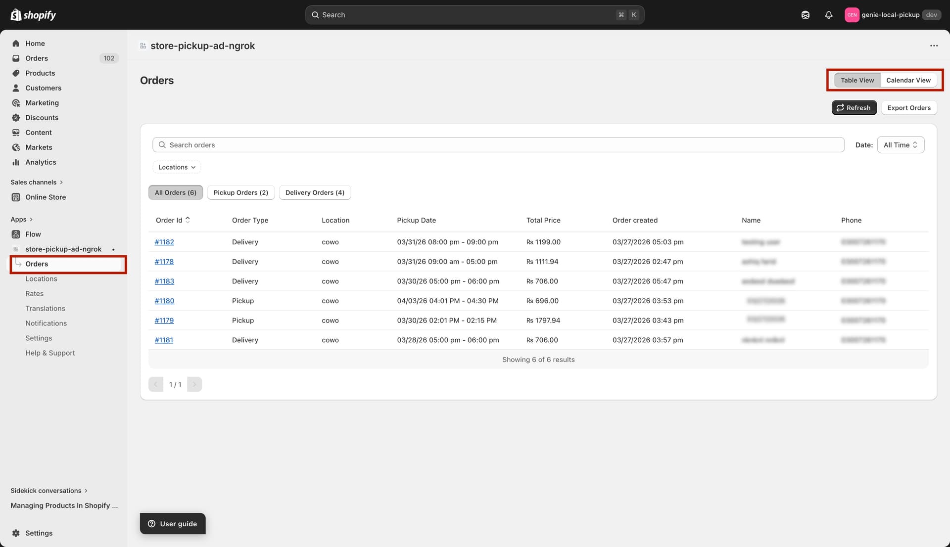 Orders page overview