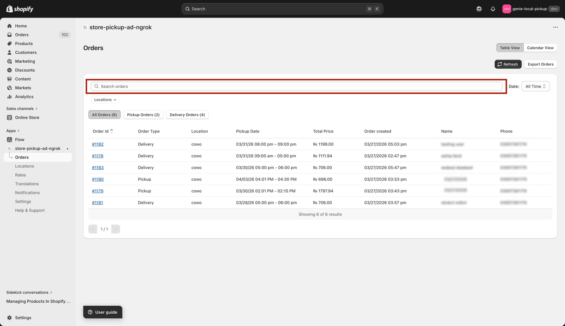 Search bar being used to filter orders