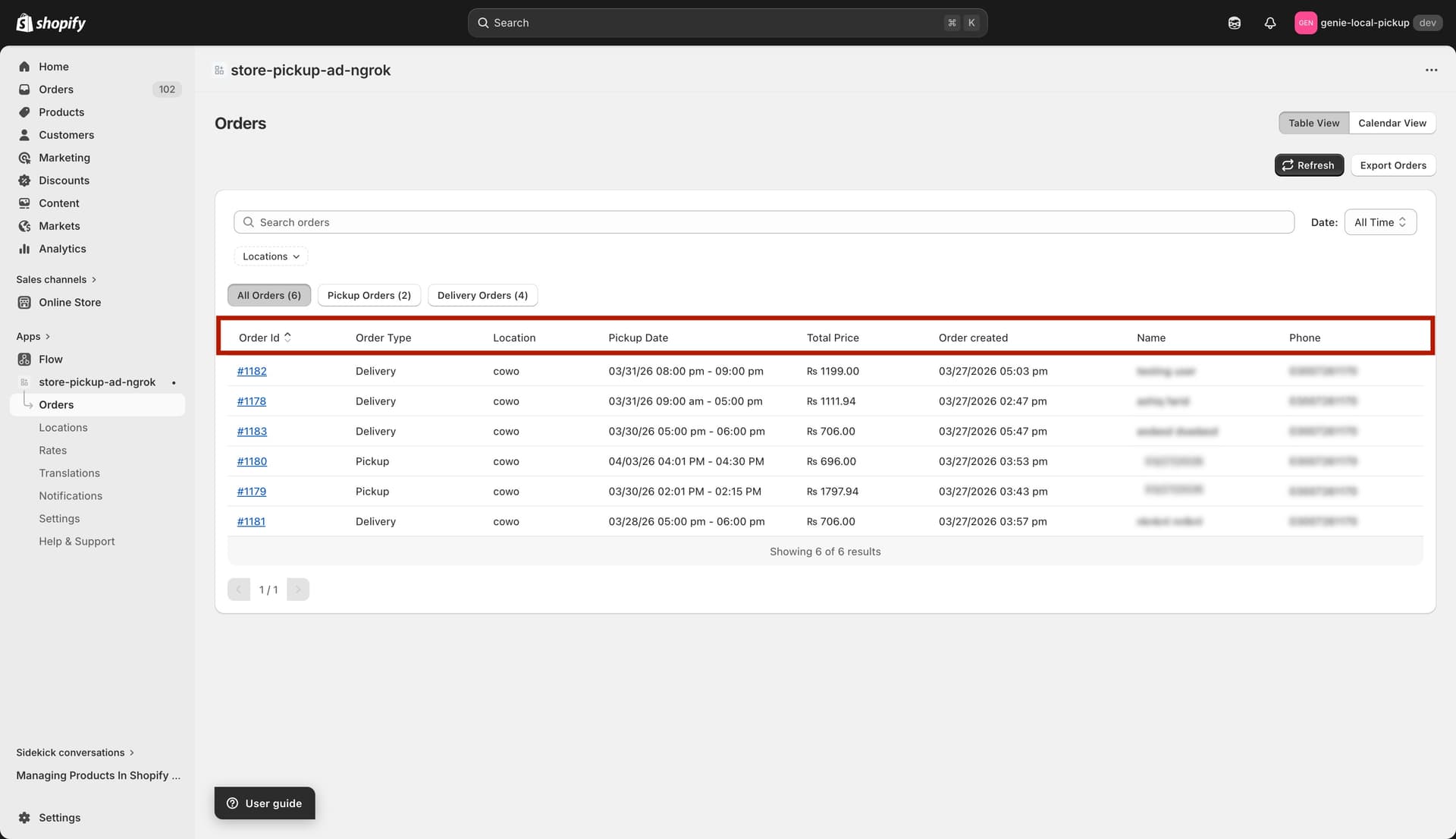 Orders table with all columns highlighted