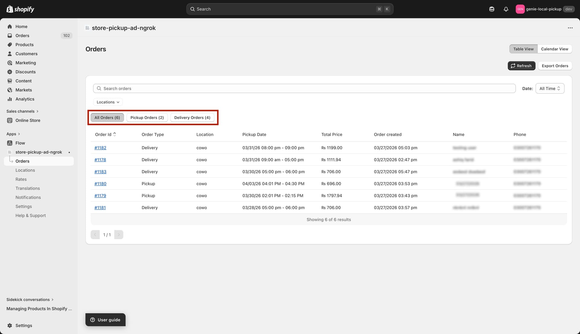 All / Pickup / Delivery toggle buttons with counts