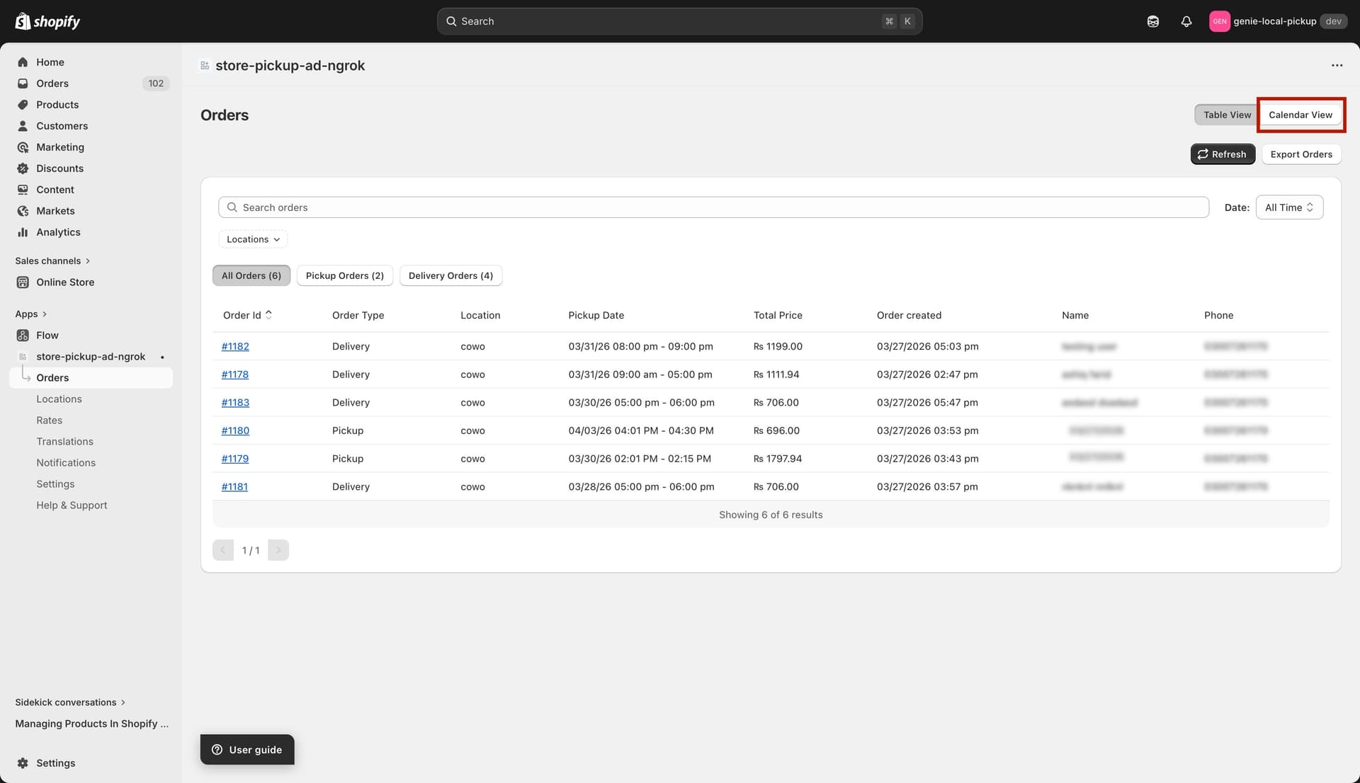 Table View / Calendar View toggle buttons