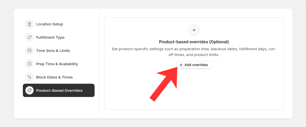 Product-based overrides section on the location page