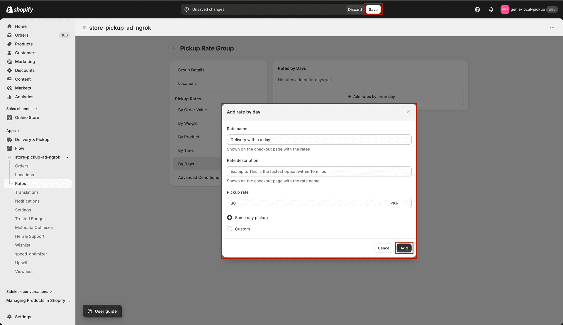 Days modal for pickup