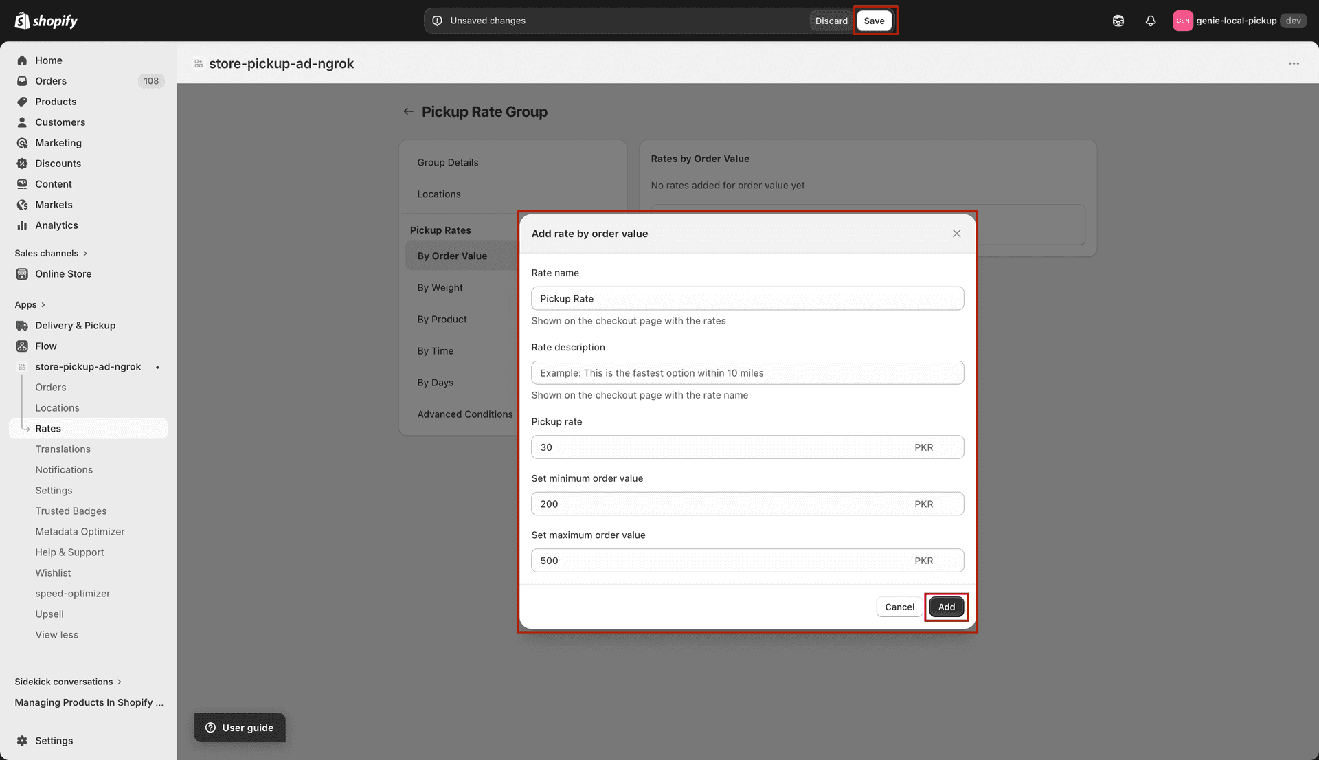 Order Value modal for pickup
