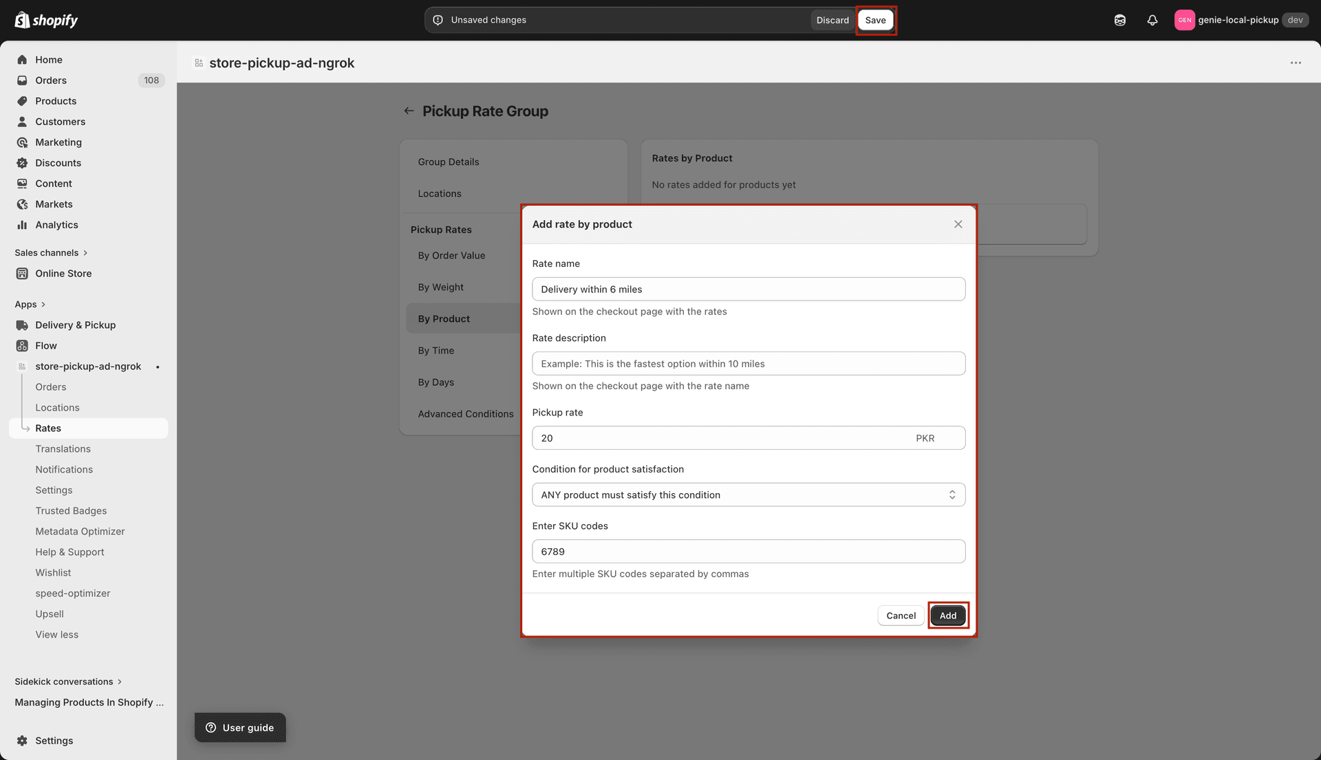 Product modal for pickup