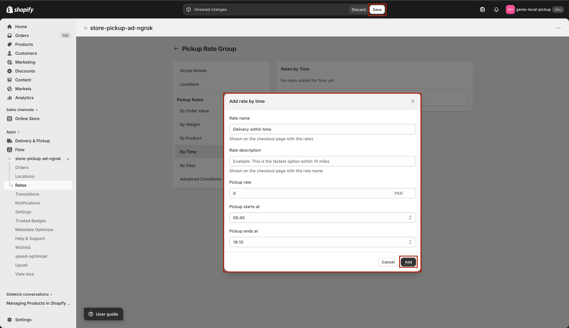 Time modal for pickup