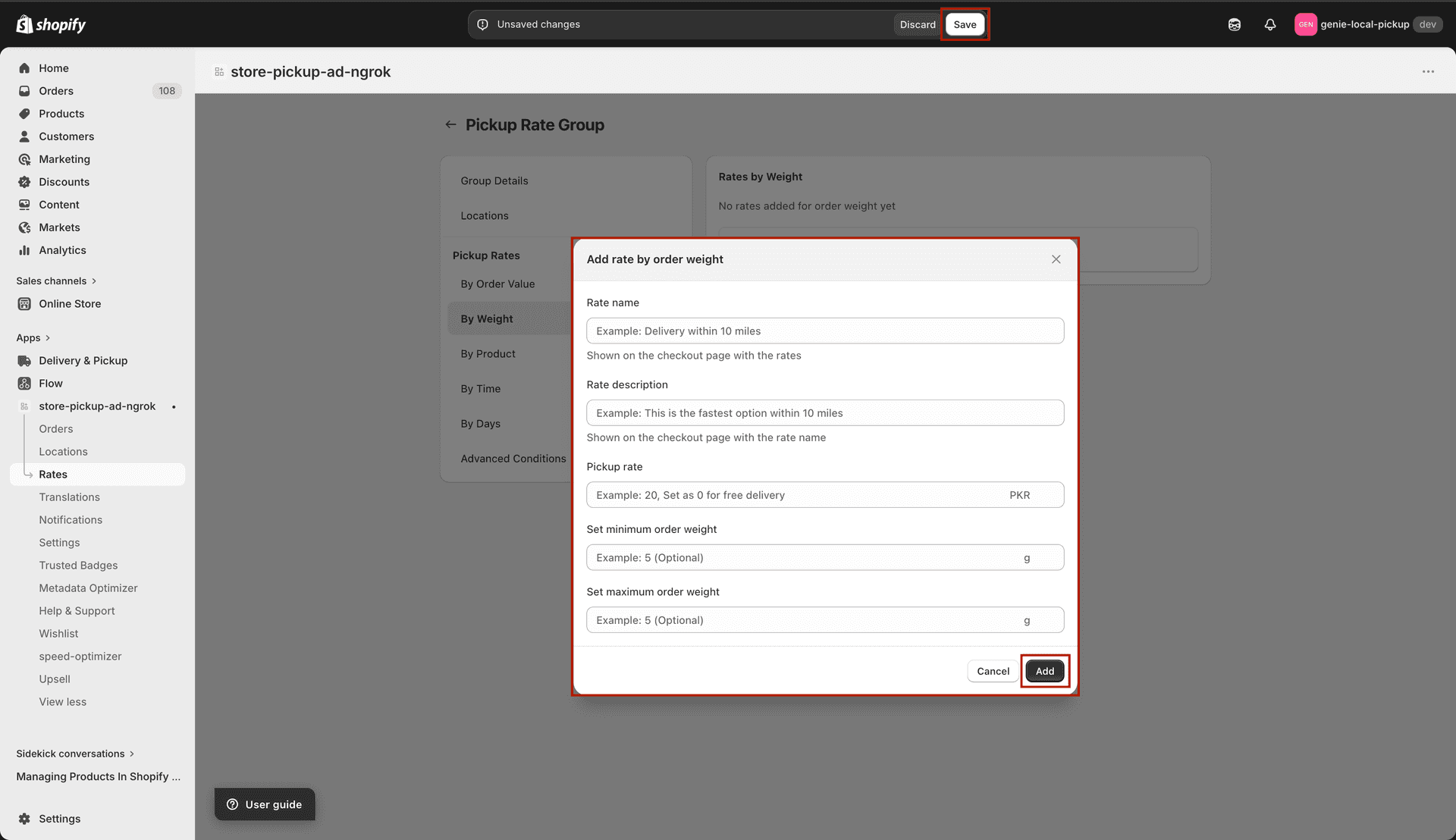 Weight modal for pickup
