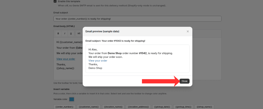 Email preview modal with sample data and Close button for shipping