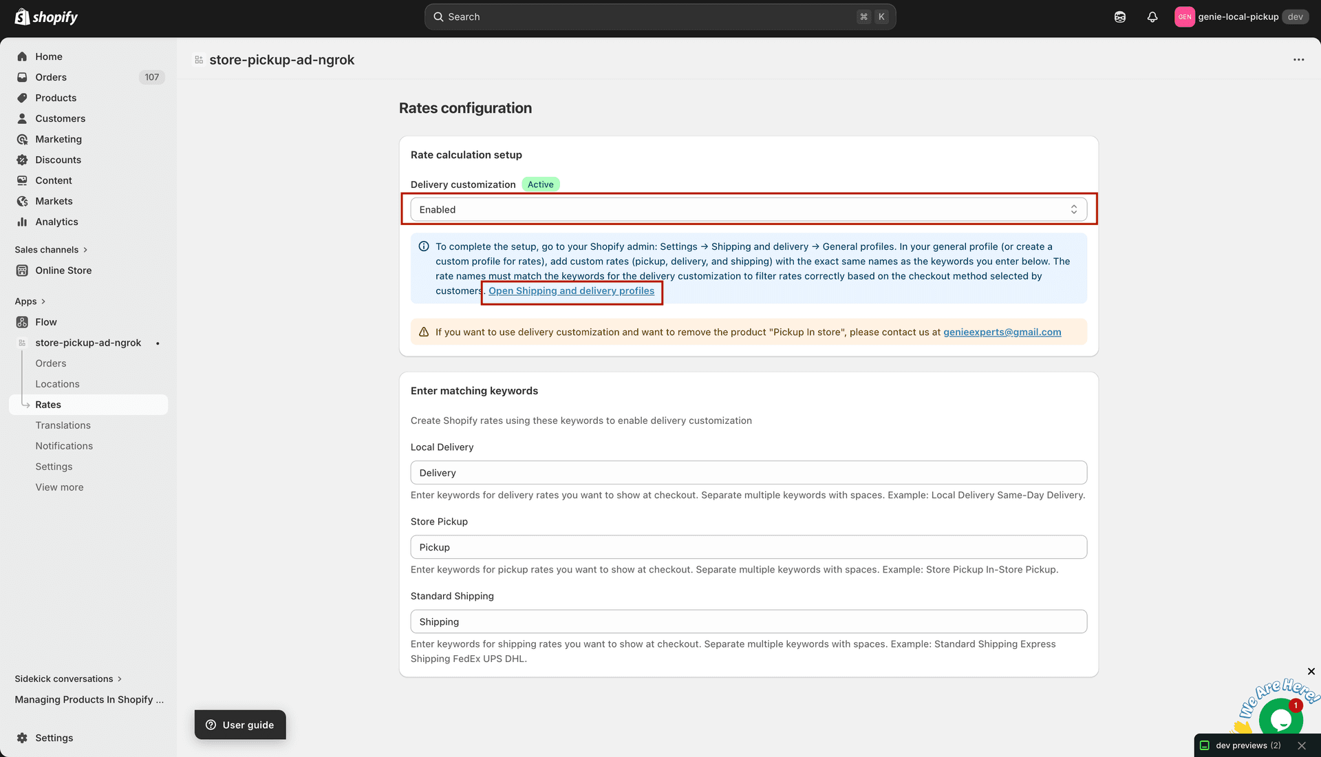 Delivery Customization toggle set to Enabled with Active badge