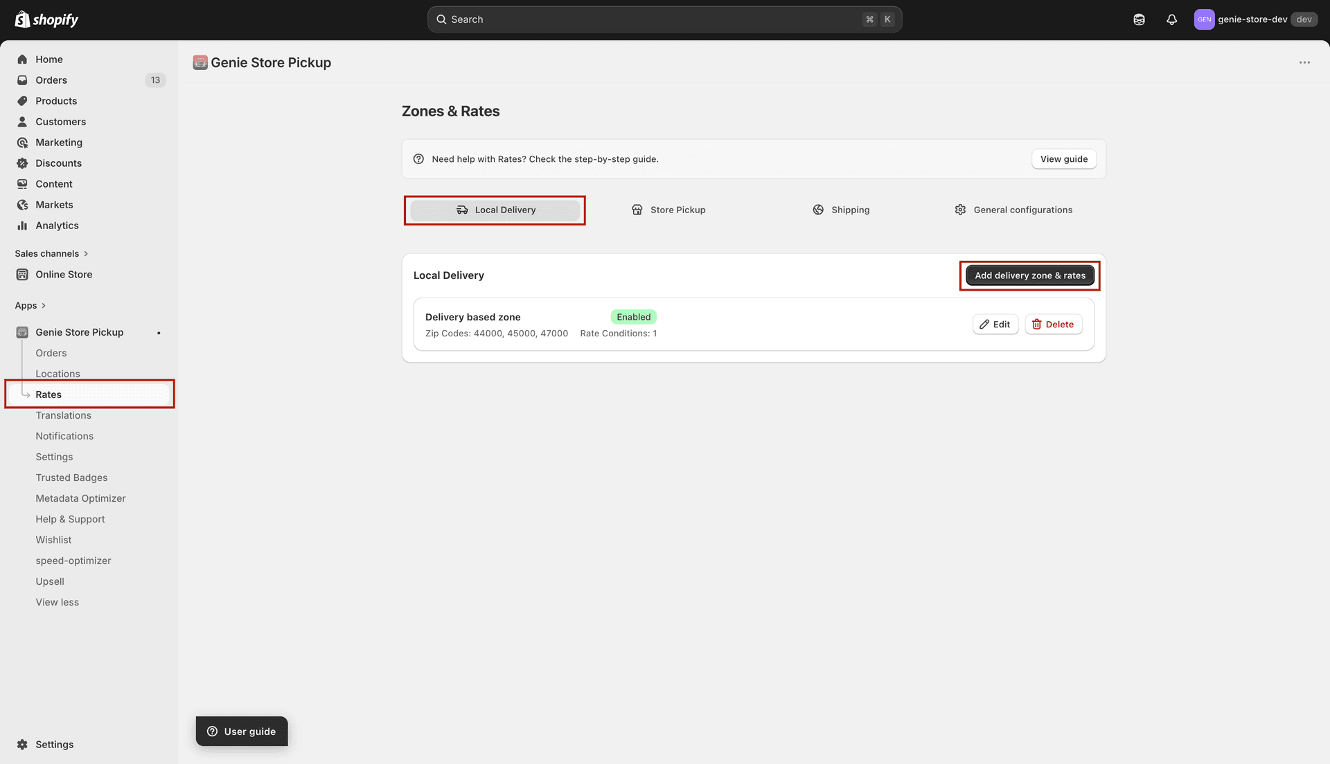 Local delivery zone form with sidebar
