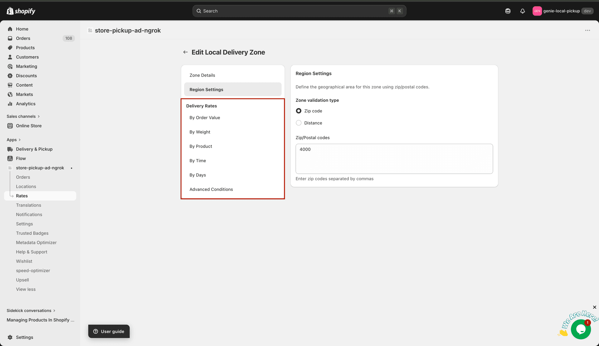Sidebar showing all six rate condition sections