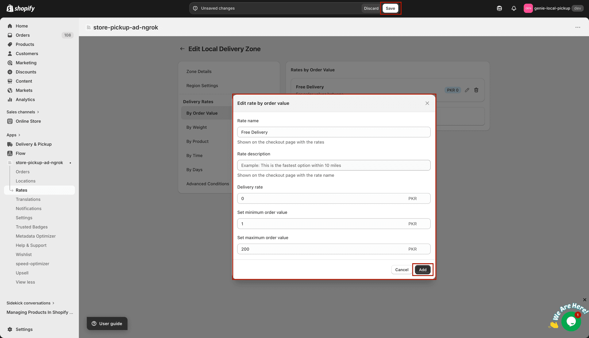Add Rate by Order Value modal