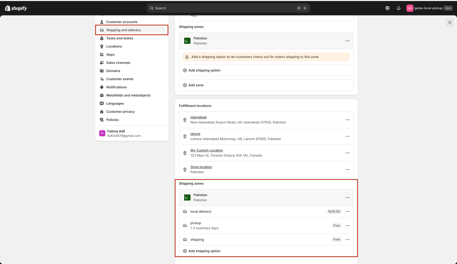 Shopify shipping settings with matching rate names