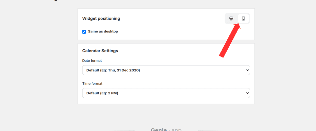 Mobile device toggle highlighted on the Widget Placement page