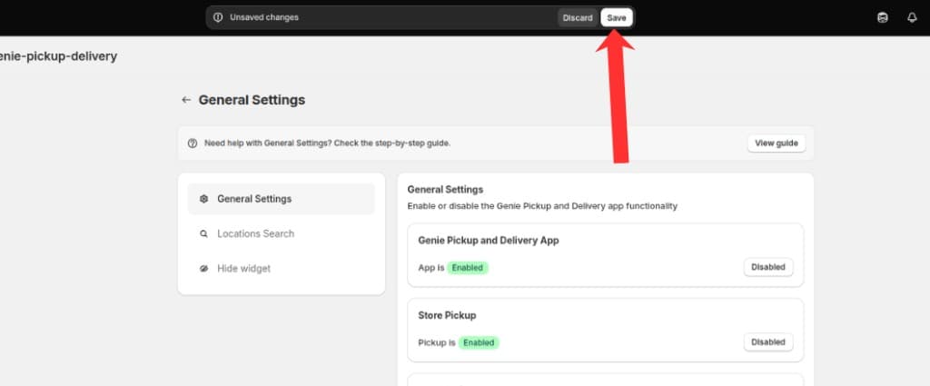Save button in the unsaved changes bar on the General Settings page