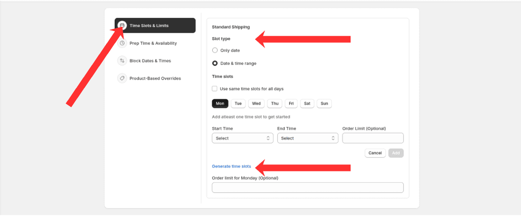 Standard Shipping slot editor with slot type options and Generate time slots link