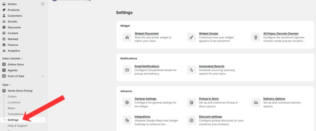 Settings menu item highlighted in the Genie Store Pickup app sidebar