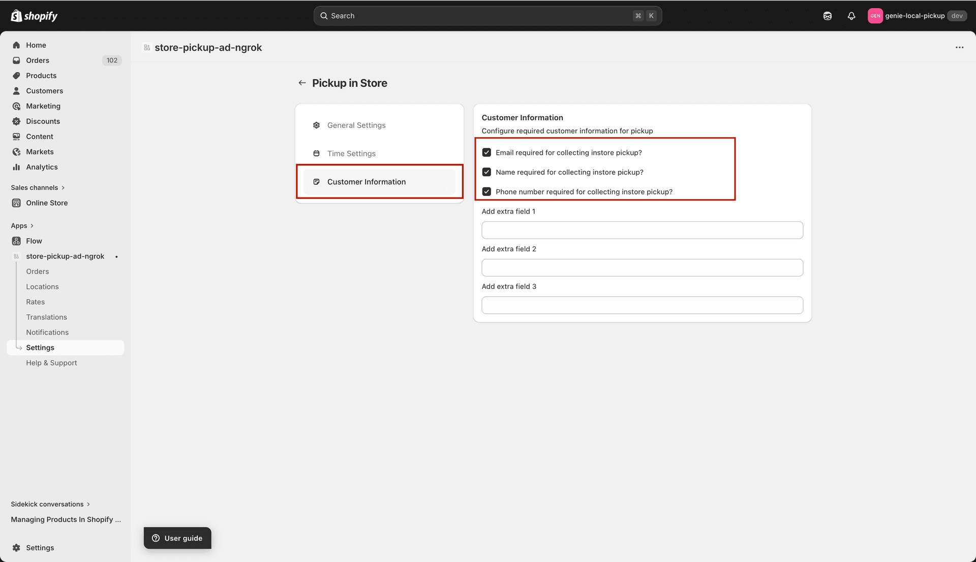 Customer Info tab with email, name, and phone checkboxes