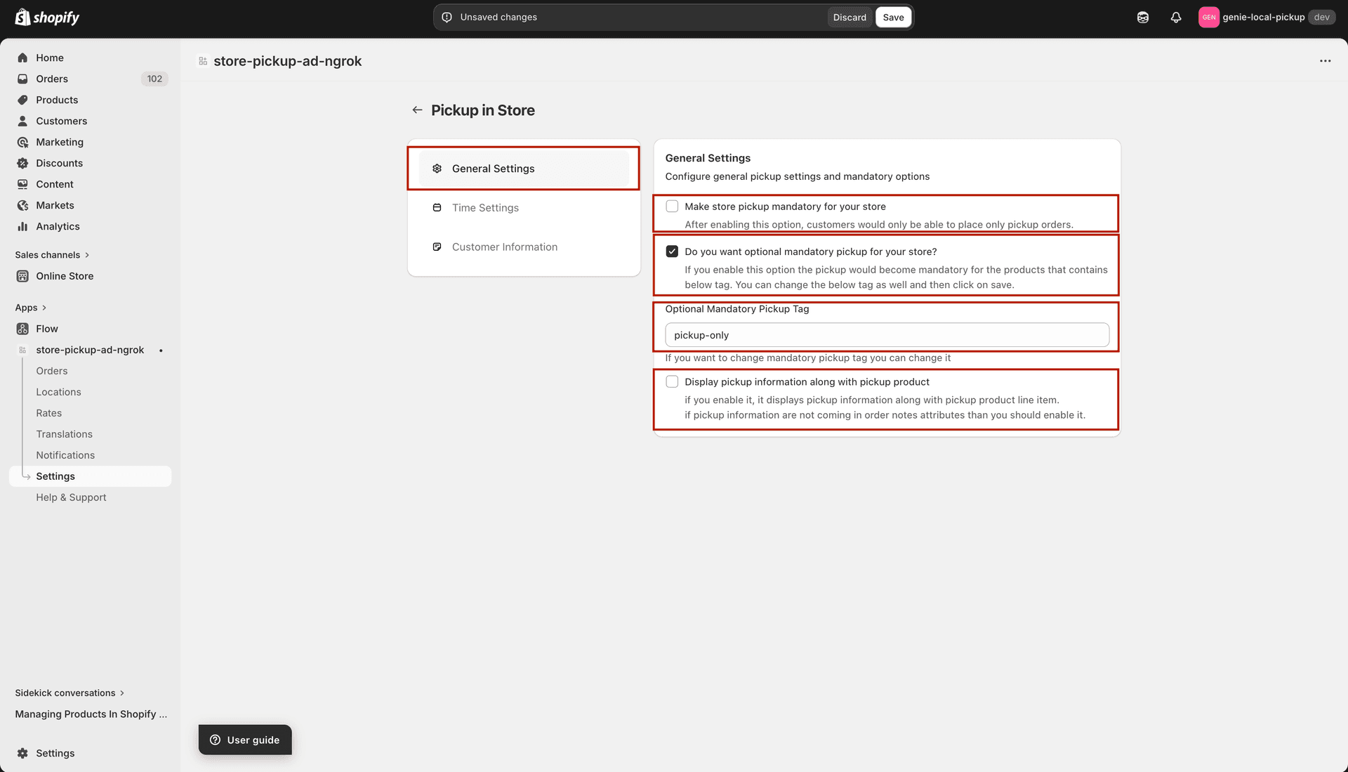 General Settings tab with mandatory pickup options and display information checkbox