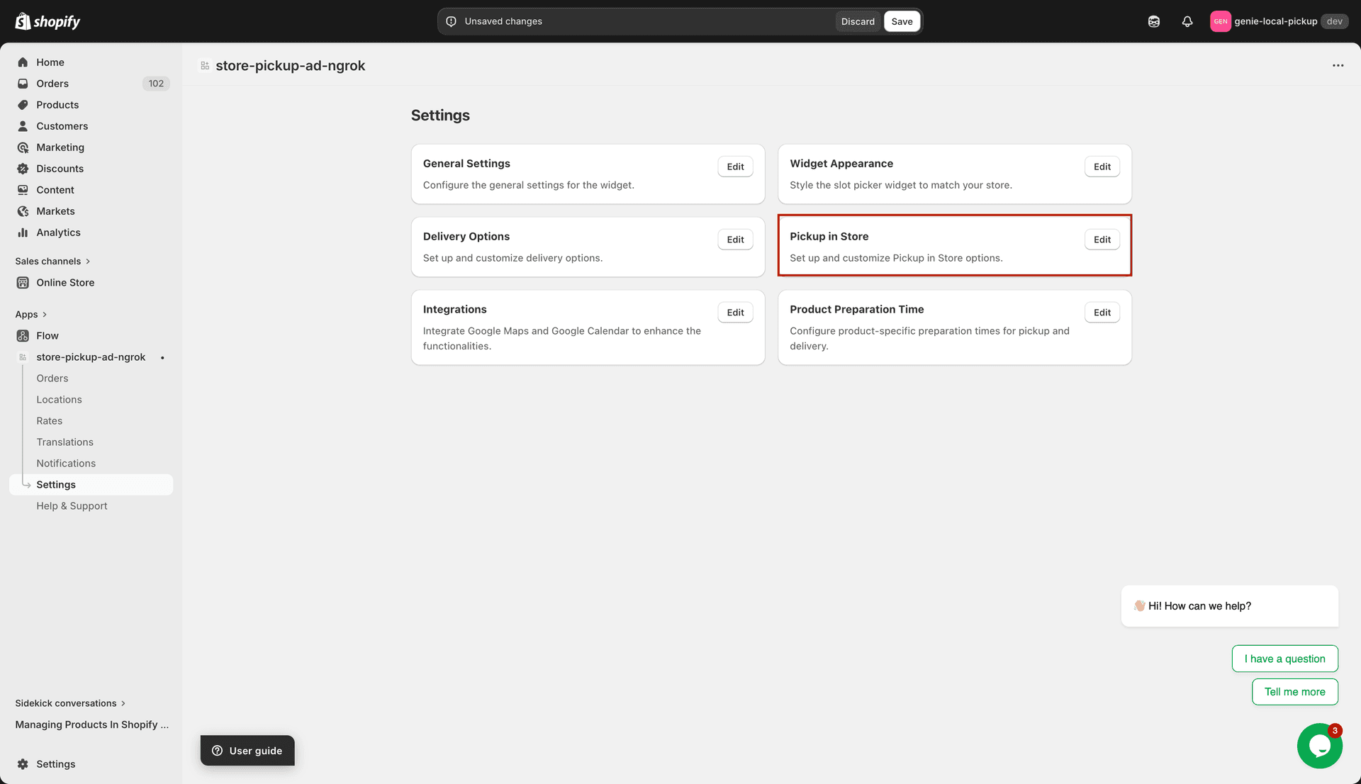 Pickup In Store page with 3 sub-tabs