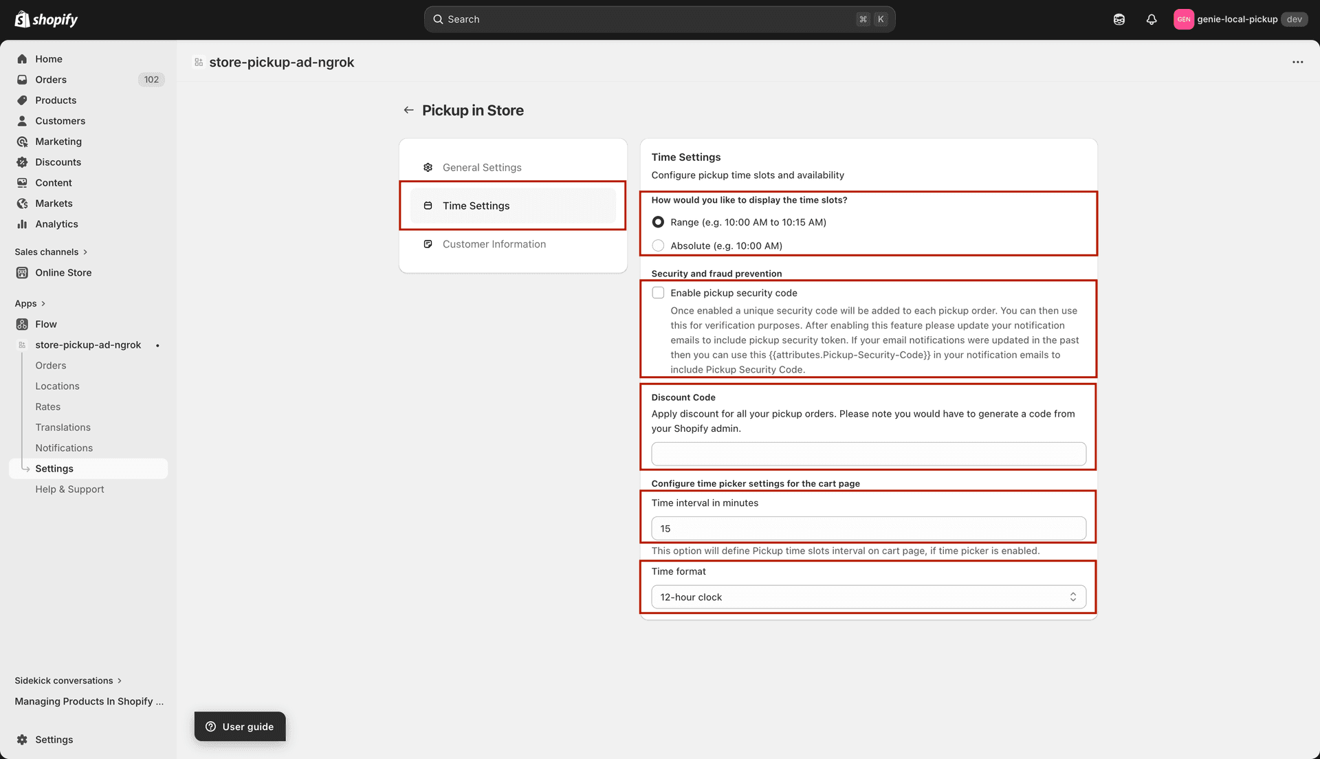 Time Settings tab with time format, security code, discount code, and time interval fields