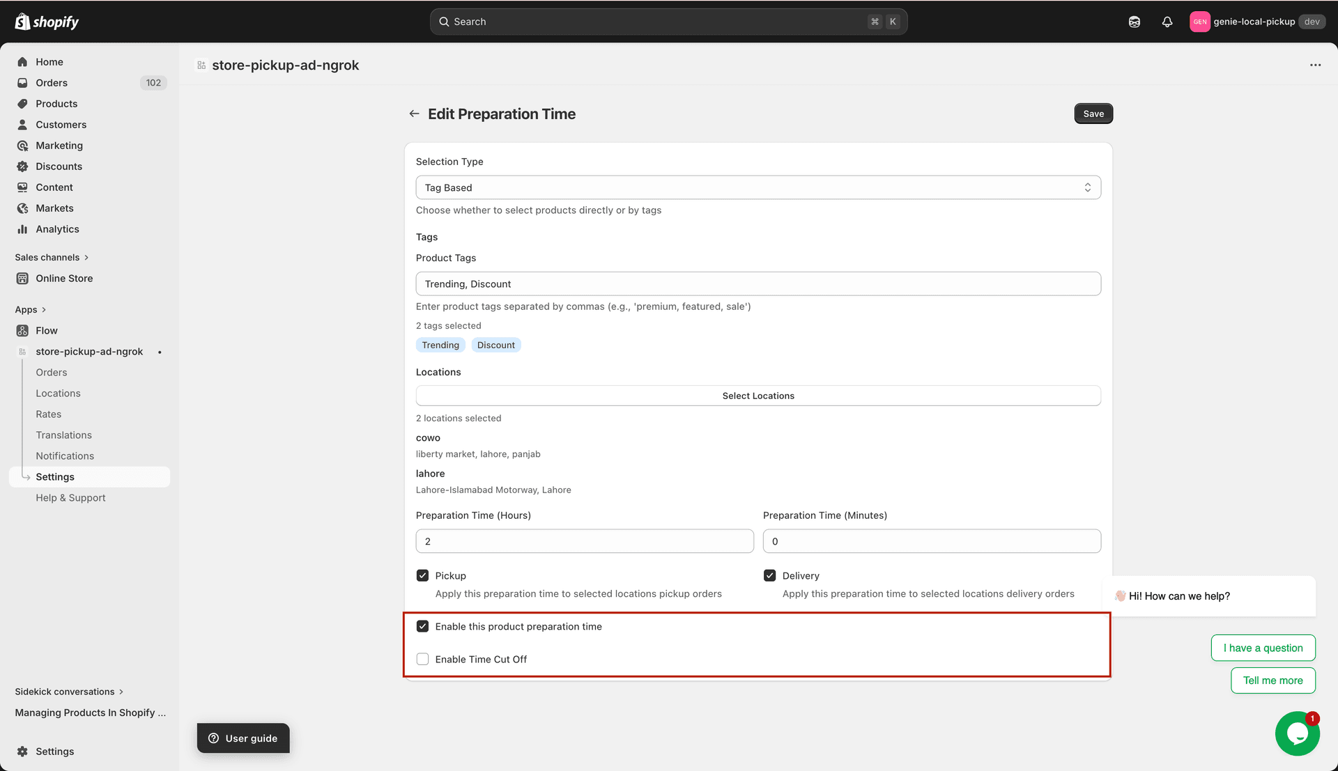 Enable time cut off checkbox, cut off time selector, and disable days field