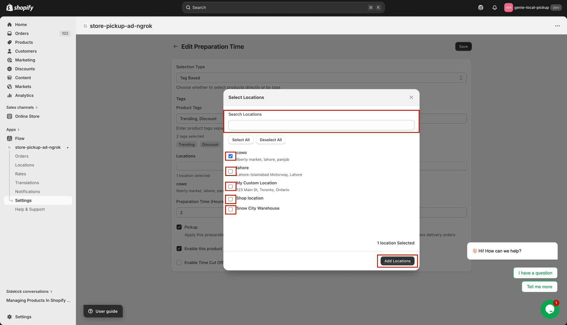 Select Locations button on product preparation time rule