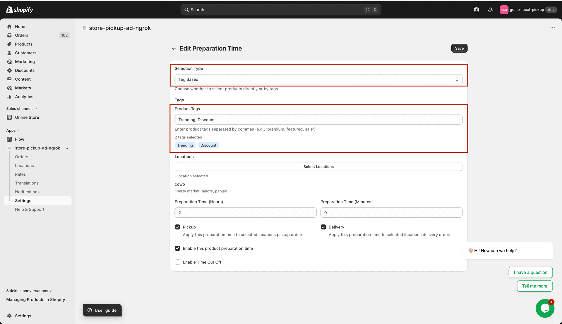 Selection Type dropdown with Products and Tags options