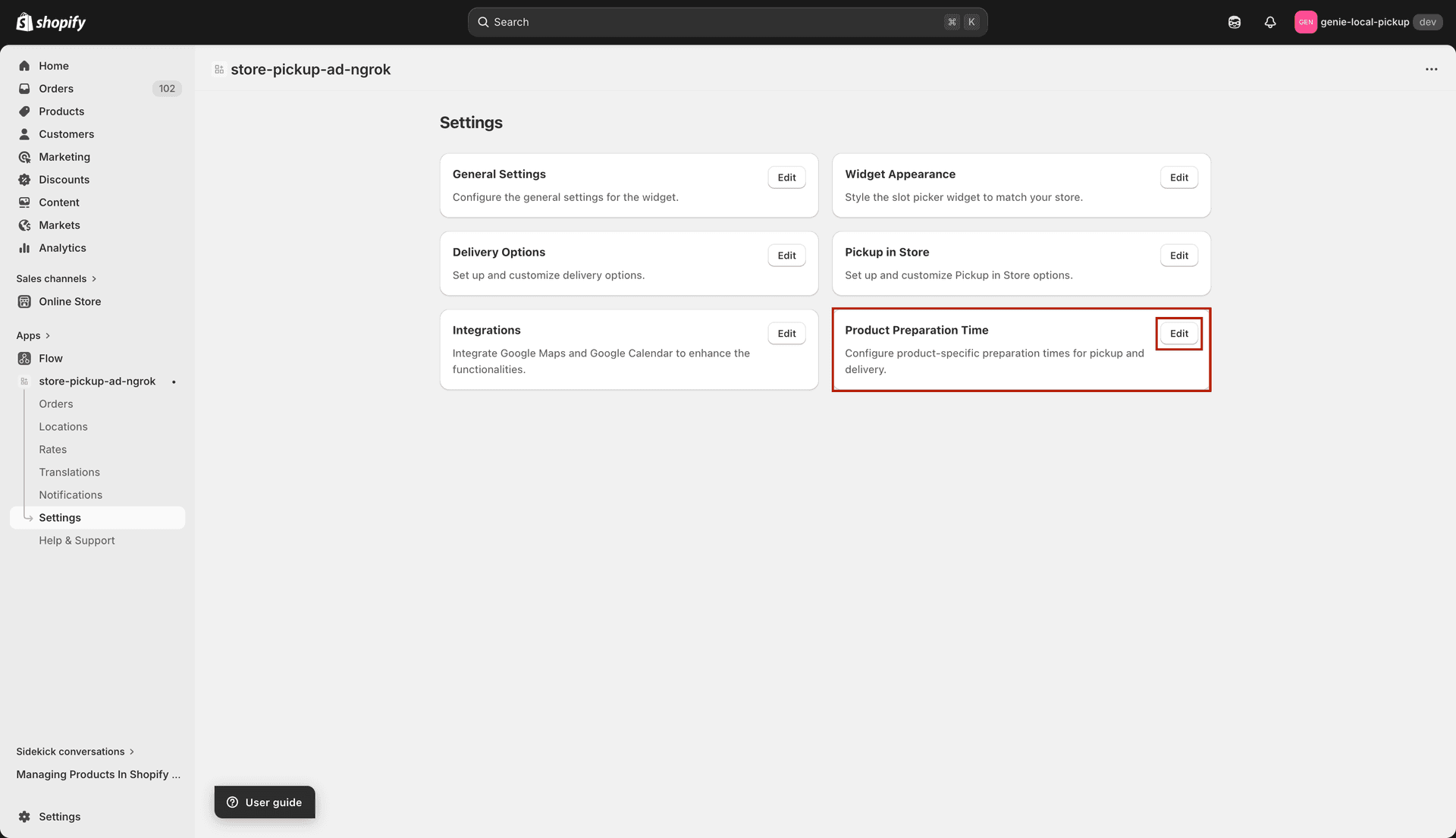 Product Preparation Time settings page