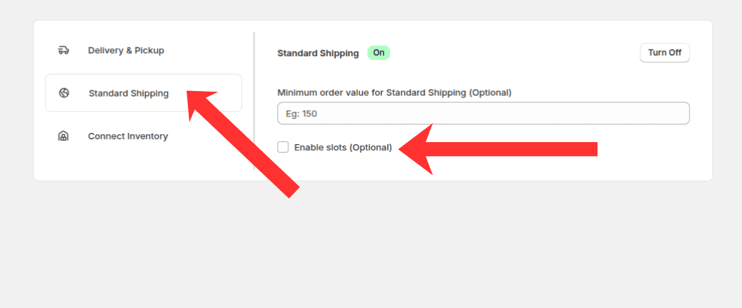 Standard Shipping tab with status On, minimum order value field, and Enable slots checkbox