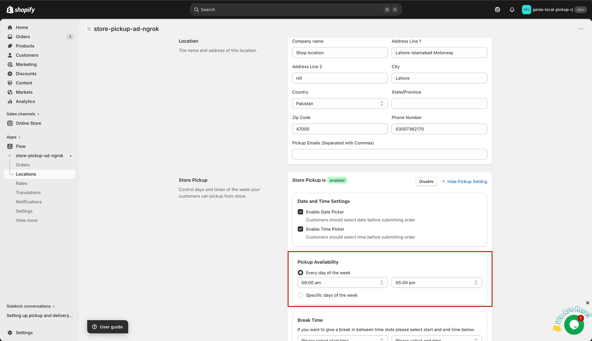 Pickup availability section with day options