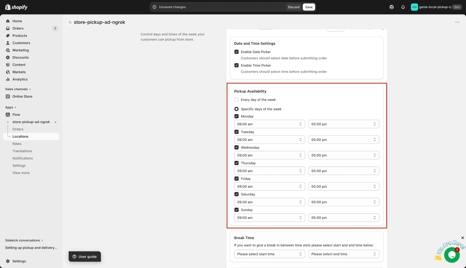 Opening and closing time fields for specific days