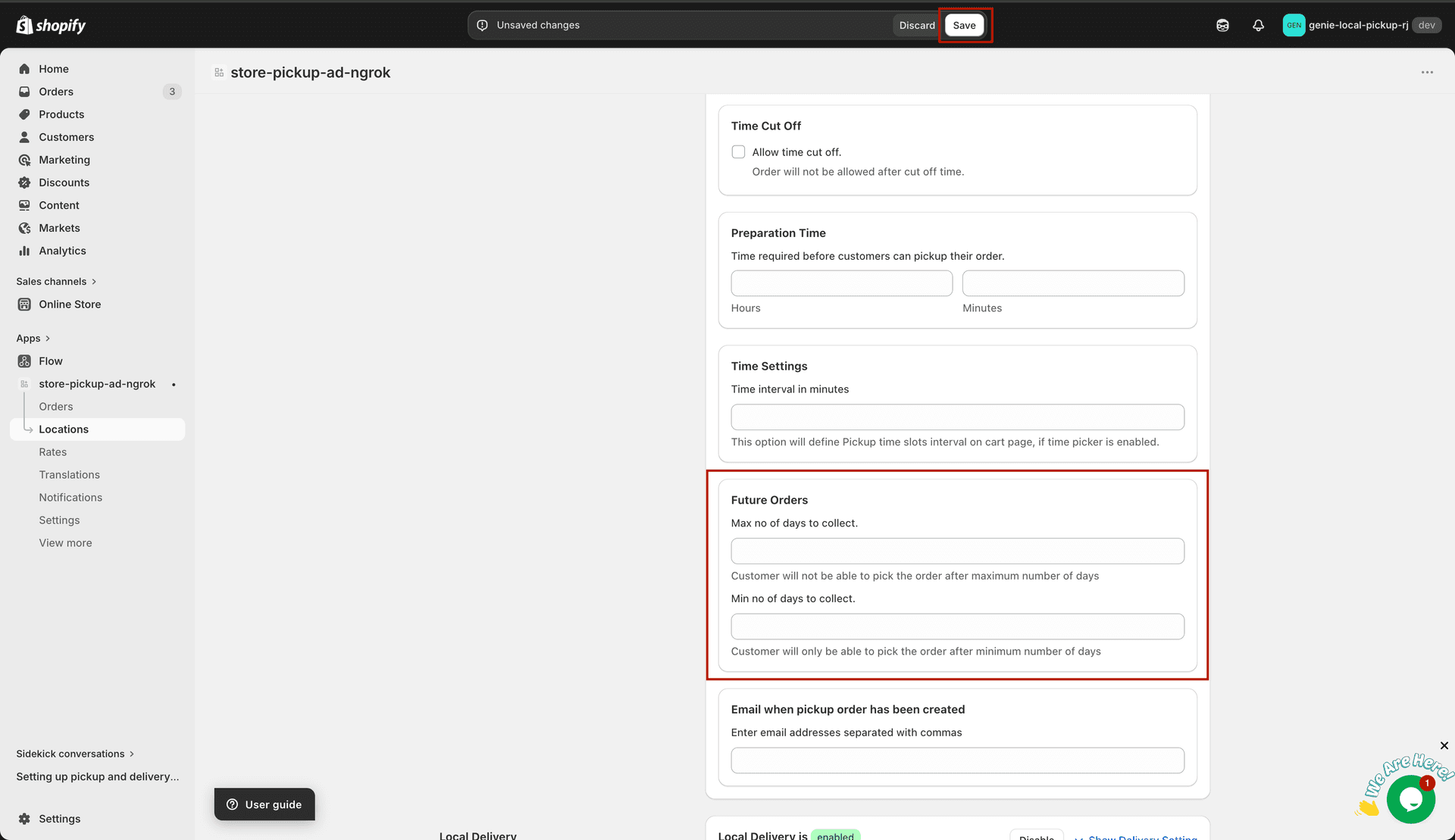 Future Orders section with same day pickup checkbox