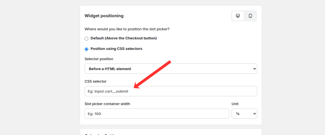 CSS selector input field on the Widget Placement page