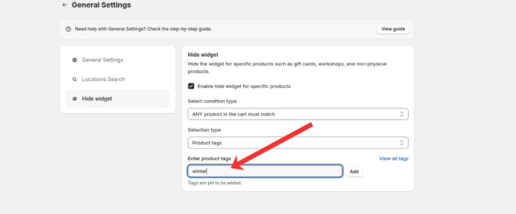 Enter product tags field with a tag typed in