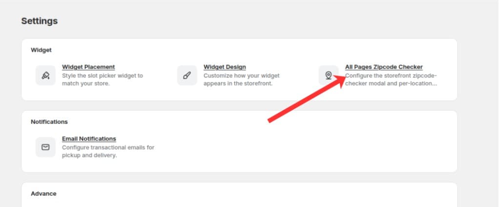 All Pages Zipcode Checker card highlighted on the Settings overview page