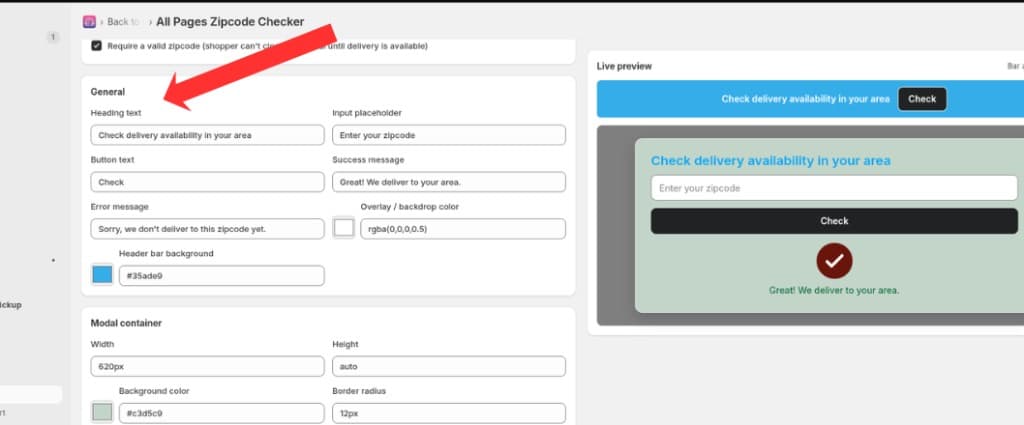 General appearance fields for heading, placeholder, button, messages, and colors