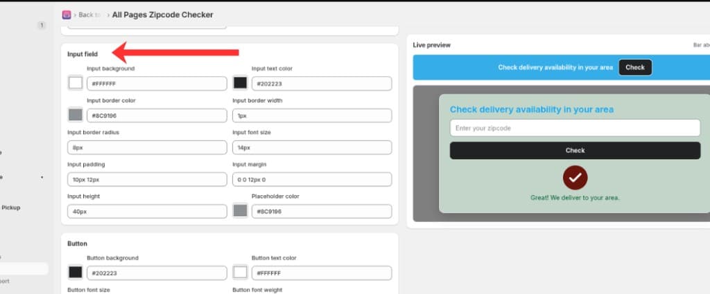 Input field appearance settings on the All Pages Zipcode Checker page