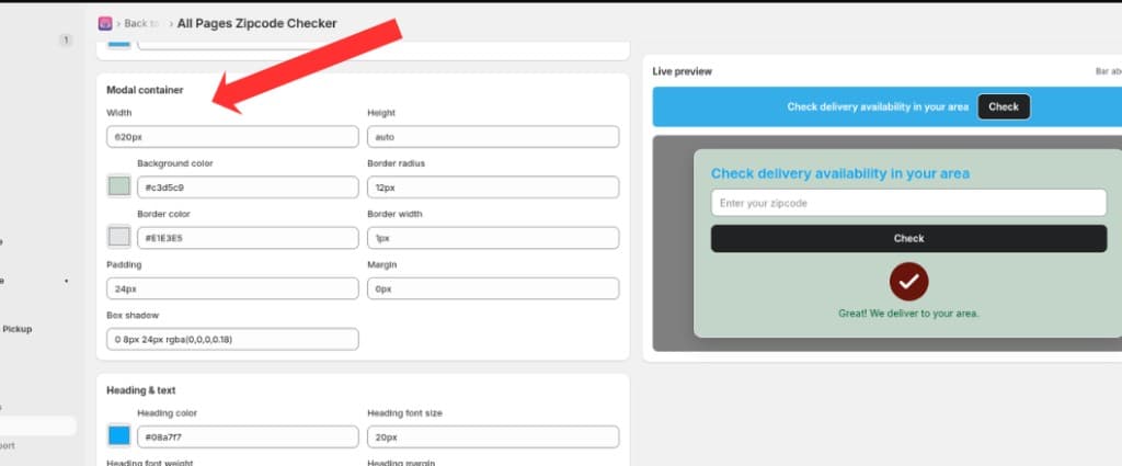 Modal container appearance fields for size, colors, border, padding, and box shadow