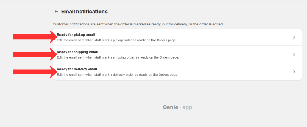 Email notifications page listing pickup, shipping, and delivery templates