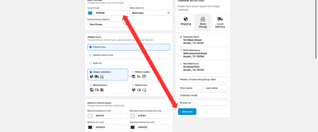 Accent color setting highlighted with checkout button preview