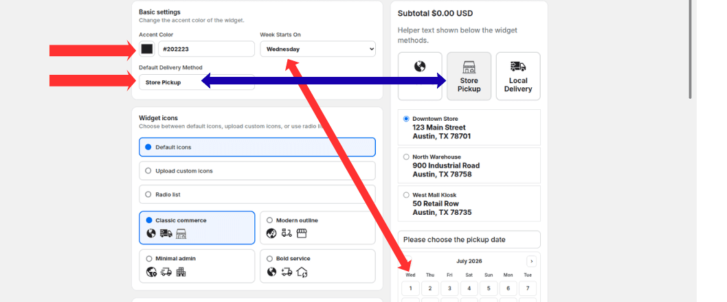 Basic settings showing week start day and default delivery method in the widget preview