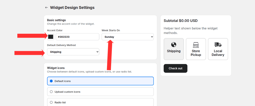 Basic settings with accent color, week starts on, and default delivery method fields