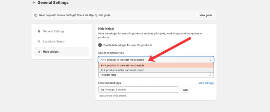Select condition type dropdown with ANY or ALL product match options
