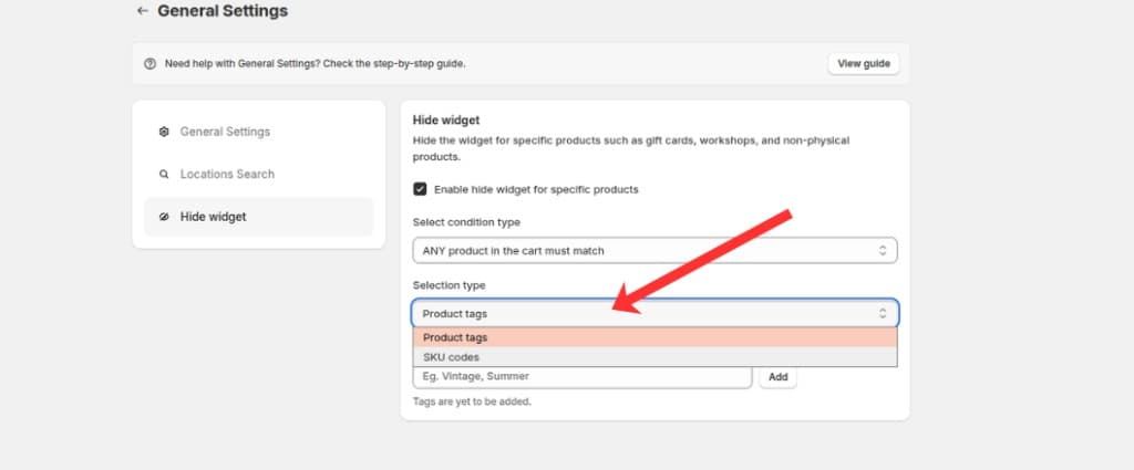 Selection type dropdown with Product tags and SKU codes options