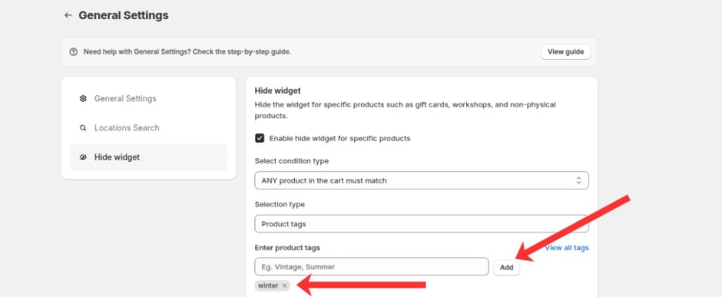 Add button next to the product tags field with a tag added below