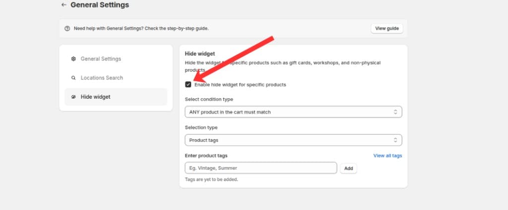 Enable hide widget for specific products checkbox on the Hide widget tab