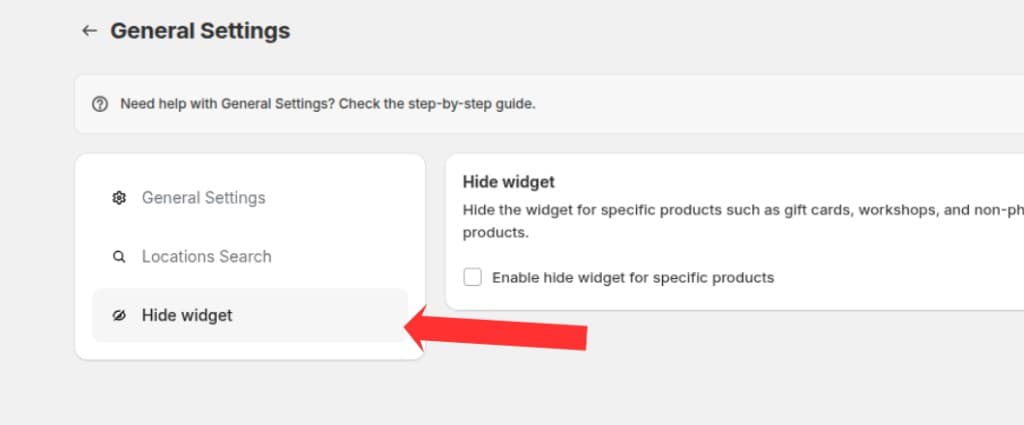 Hide widget tab highlighted in the General Settings left sidebar