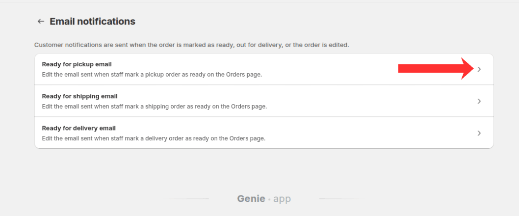 Ready for pickup email option highlighted on the Email notifications page