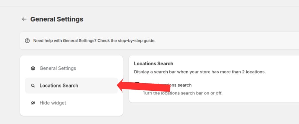 Locations Search tab highlighted in the General Settings left sidebar